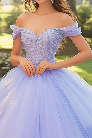 Lilla Off the Shoulder Boldkjole Tyl Quinceanera Kjole med applikationer